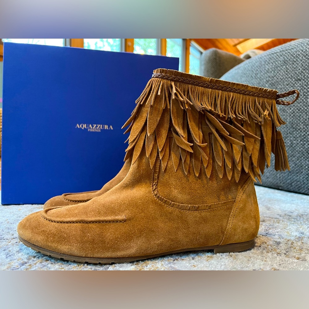 EUC Aquazzura Tiger Lily Suede Leather Booties, Cognac - SZ 41 - 10.5/11